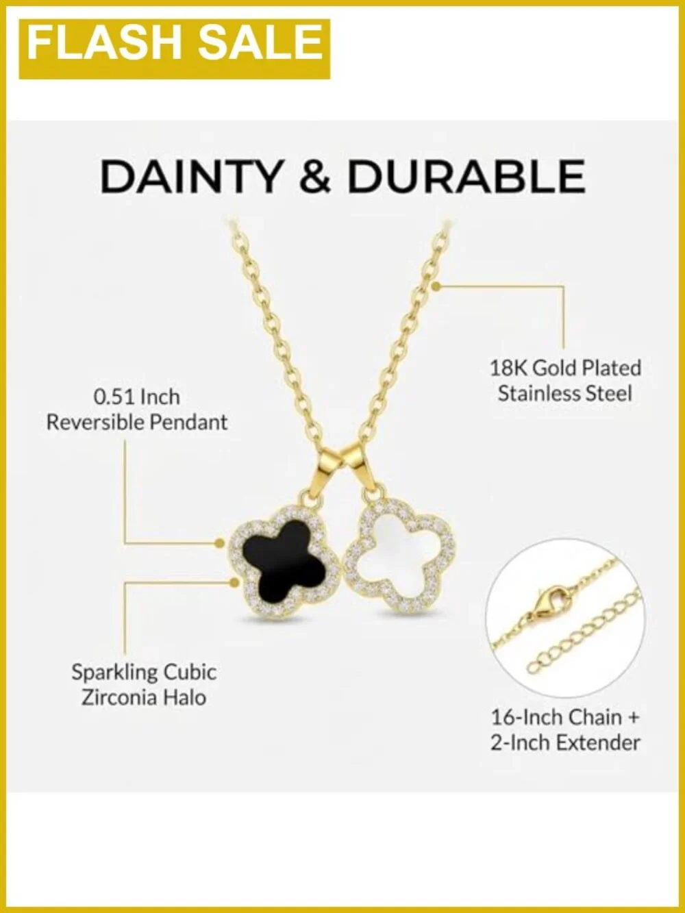18K Gold Plated Stainless Steel Clover Pendant Necklace Cubic Zirconia